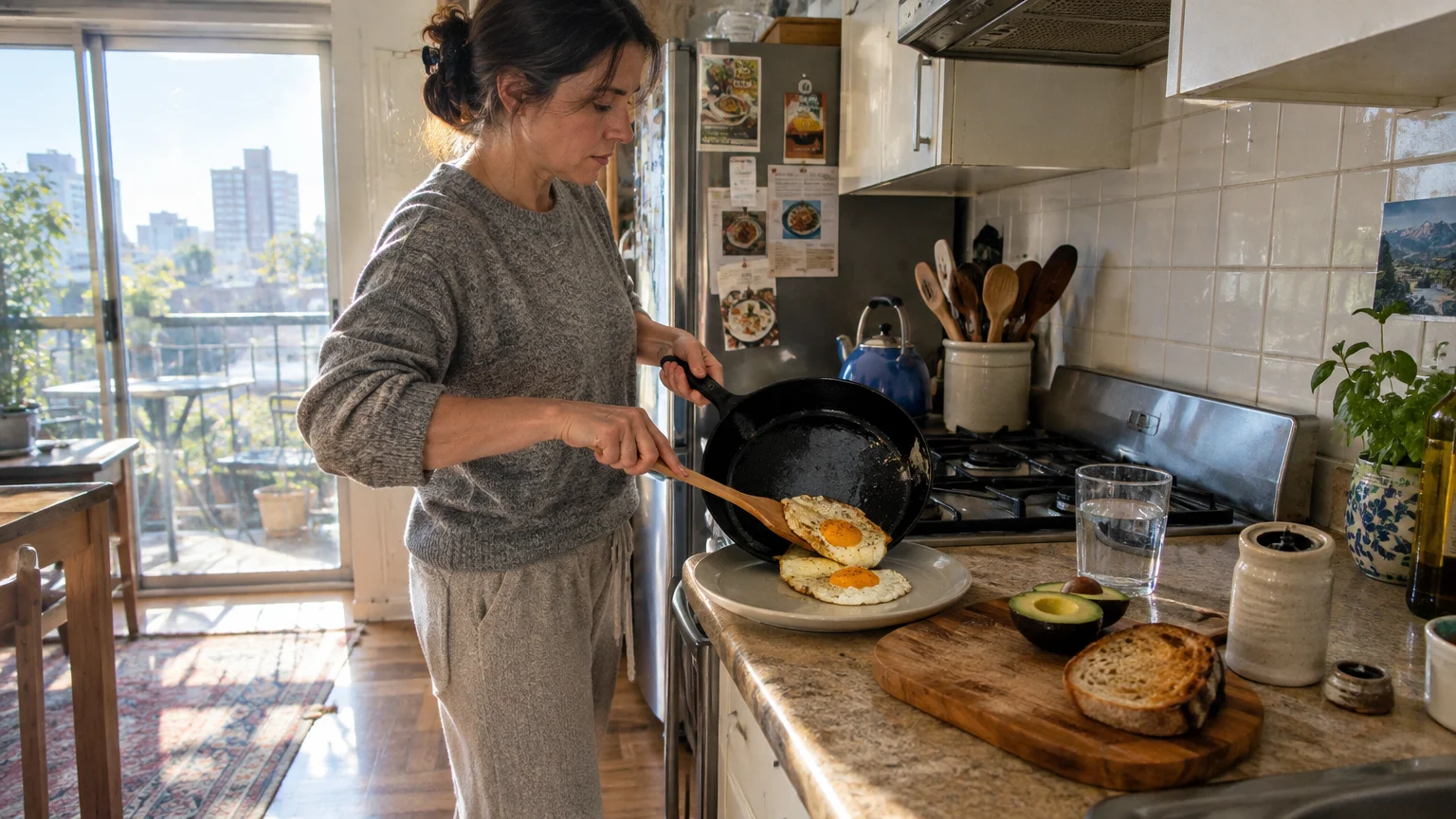 A woman using a wooden spatula to slide fried eggs from a cast-iron skillet onto a plate in a sunlit kitchen.