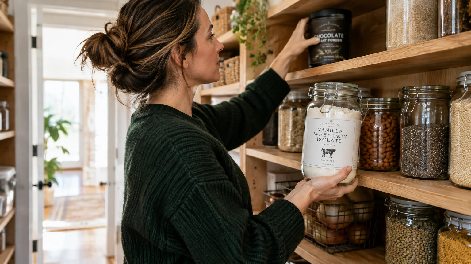 A woman in a kitchen pantry reaches for chocolate powder while holding a glass jar labeled vanilla whey isolate.