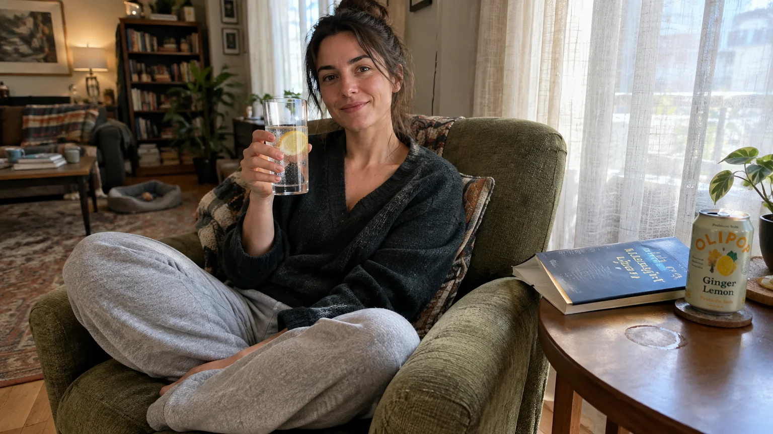 Woman in an armchair holding a glass with lemon, beside a side table with a book and a can of Olipop prebiotic soda.