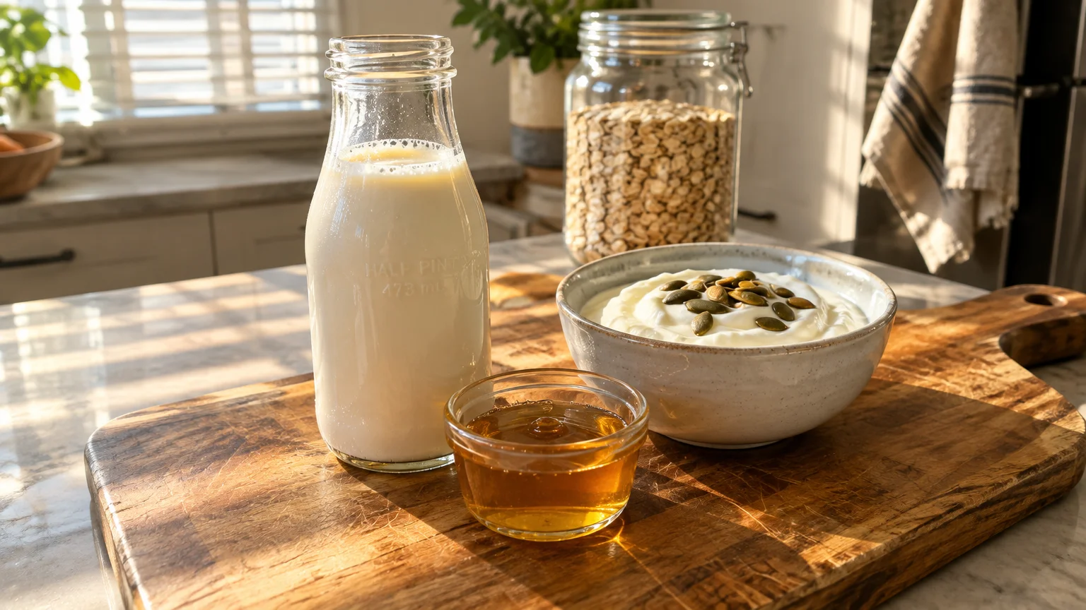 A bottle of milk, a bowl of yogurt topped with pumpkin seeds, a dish of honey, and a jar of oats on a wooden board.
