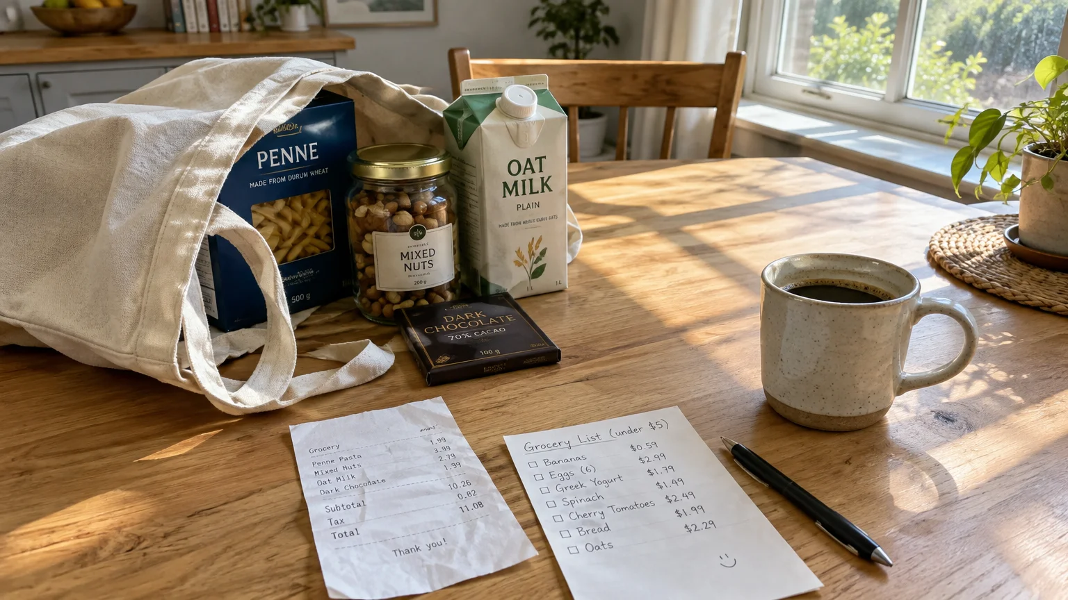 Groceries including penne, oat milk, mixed nuts, and chocolate on a wooden table beside a receipt and handwritten list.