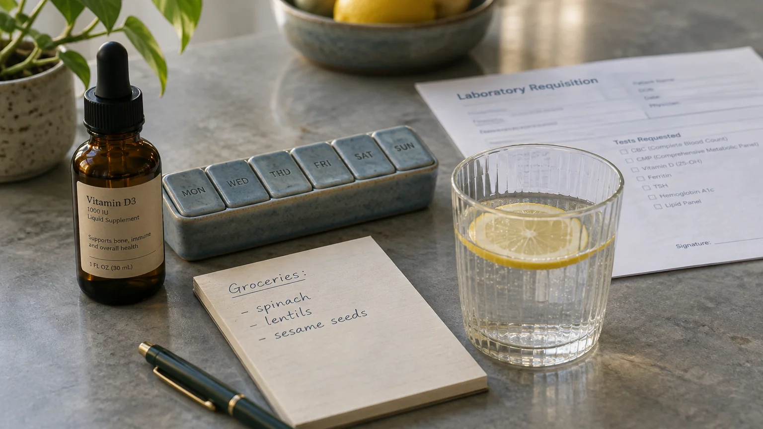 Glass of lemon water, pill box, vitamin D3 bottle, handwritten grocery list, pen, and lab test requisition form on a table.