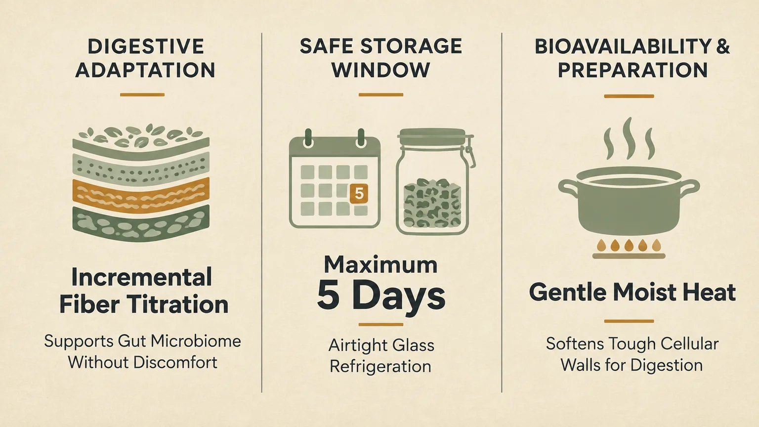 Infographic showing three panels: digestive adaptation, safe storage window of maximum 5 days, and gentle moist heat cooking.