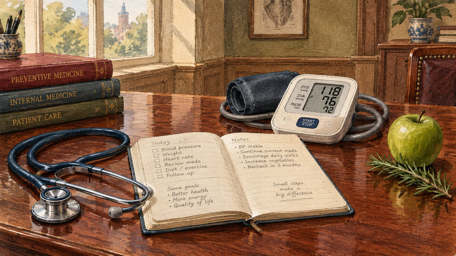 Illustration of a doctor's desk with a stethoscope, open notebook, blood pressure monitor, medical books, and an apple.