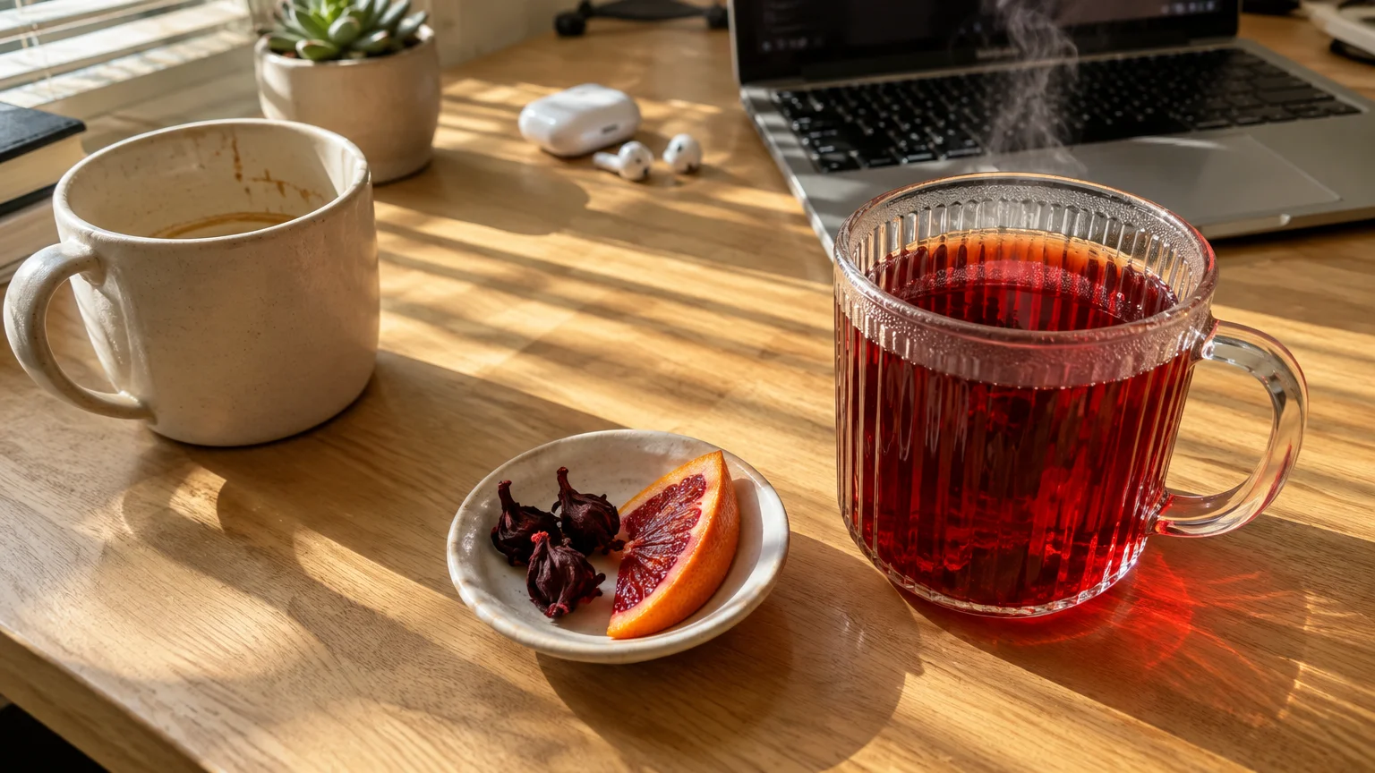 Steaming red tea in a glass mug beside a coffee cup, dried hibiscus, and an orange slice on a wooden desk.