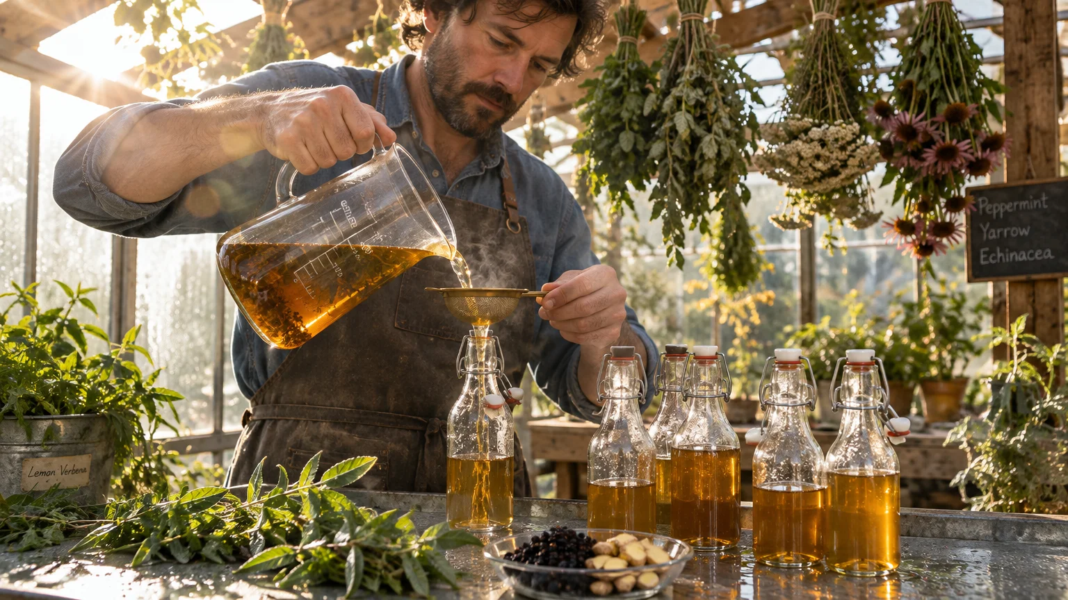 A man in an apron pours brewed herbal tea through a strainer into glass bottles inside a sunlit greenhouse.