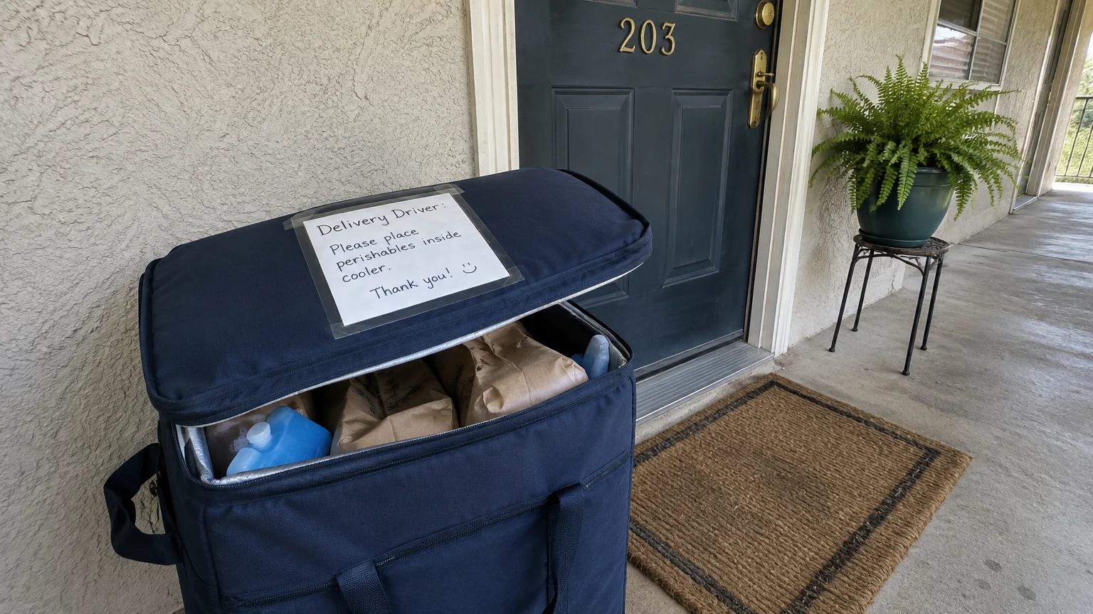 An open insulated cooler bag with ice packs and grocery bags sitting outside an apartment front door with a driver note.