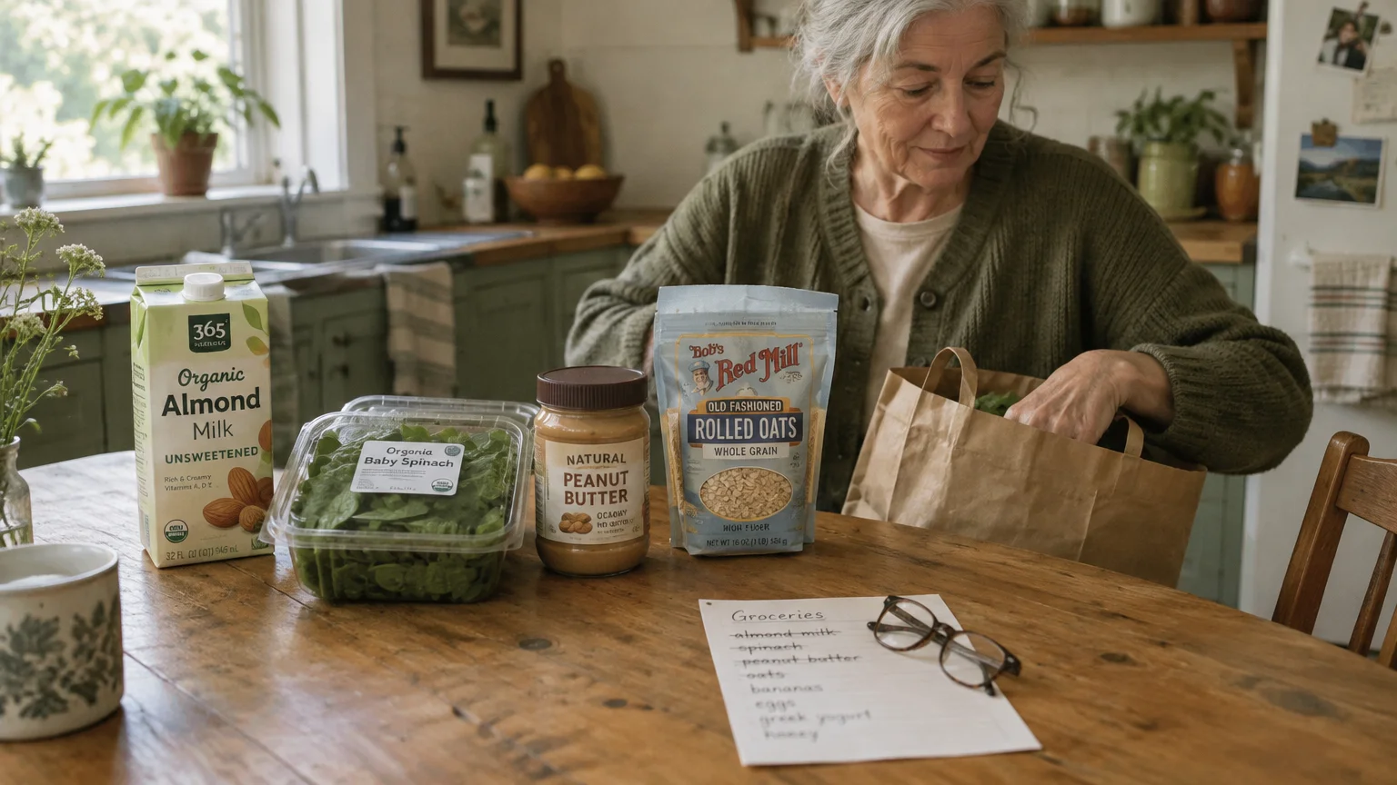 An older woman in a green cardigan unpacks groceries from a brown paper bag onto a wooden kitchen table.