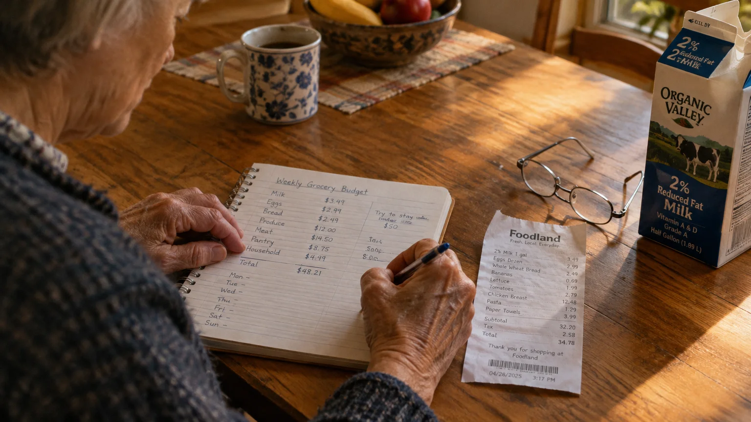 Person writing in a grocery budget notebook on a wooden table beside a store receipt and carton of milk.