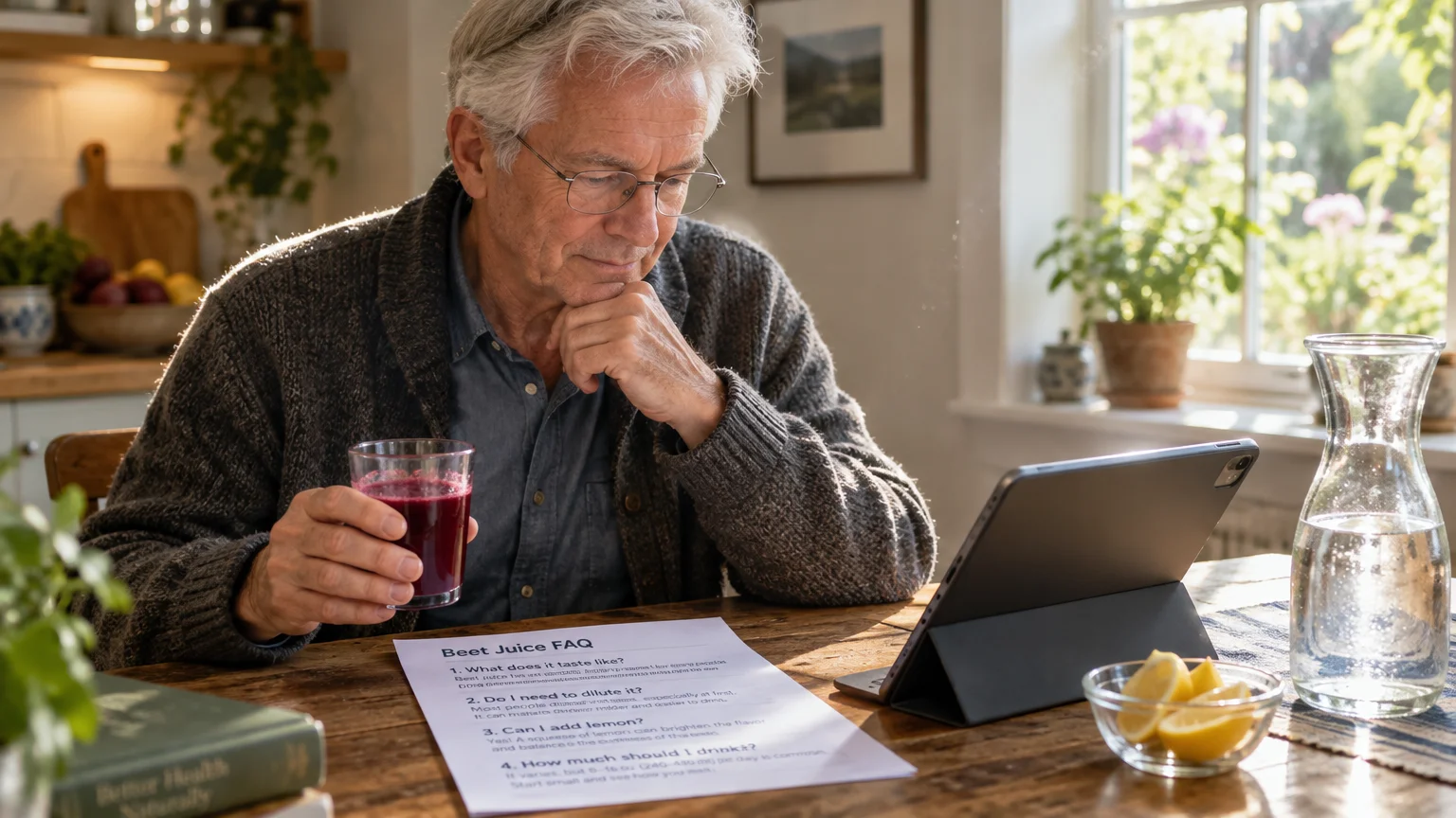 A senior man holding a glass of beet juice at a table while reviewing a Beet Juice FAQ printed document.