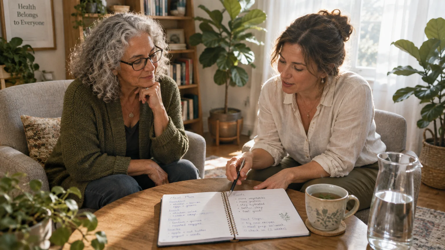 Two women sit together around a coffee table reviewing handwritten meal plan notes and dietary goals in a notebook.