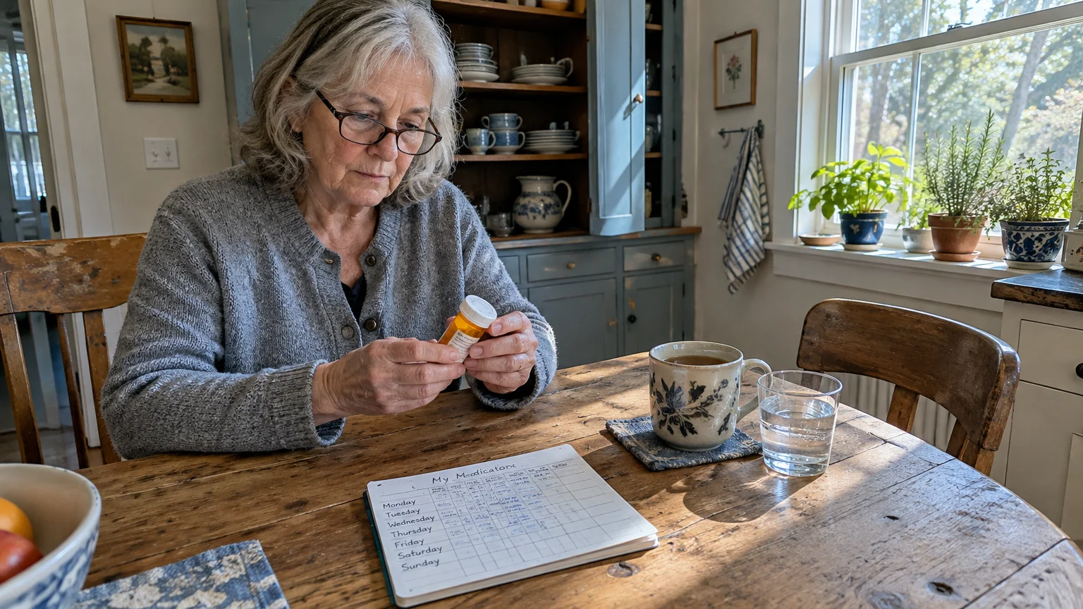 Senior woman sitting at a kitchen table holding a prescription pill bottle near a mug and a weekly medication chart.