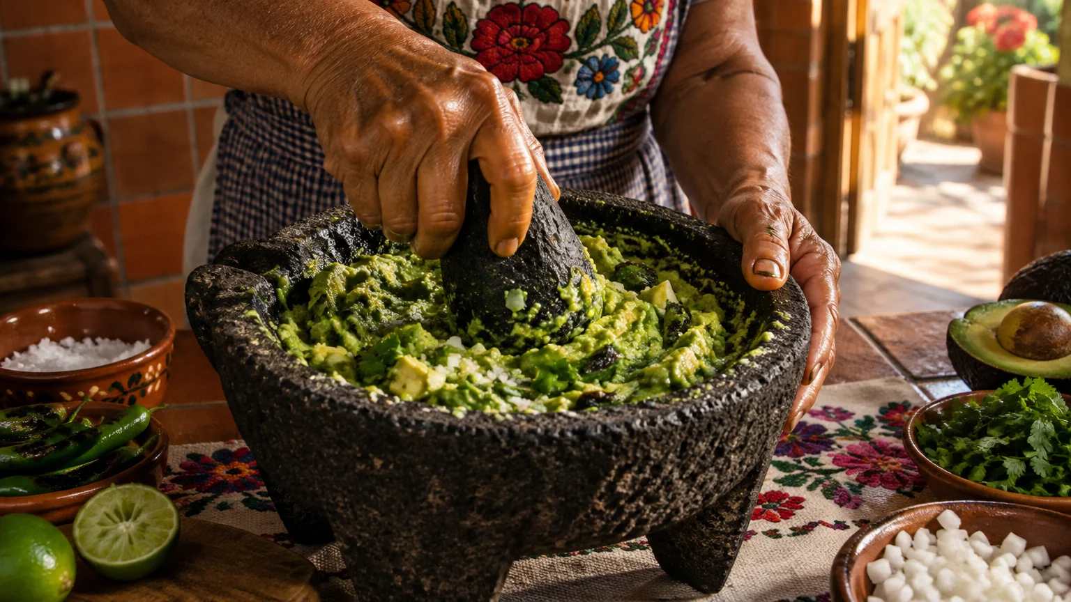 Hands grinding fresh guacamole with a stone pestle inside a molcajete, surrounded by bowls of lime, cilantro, and onions.