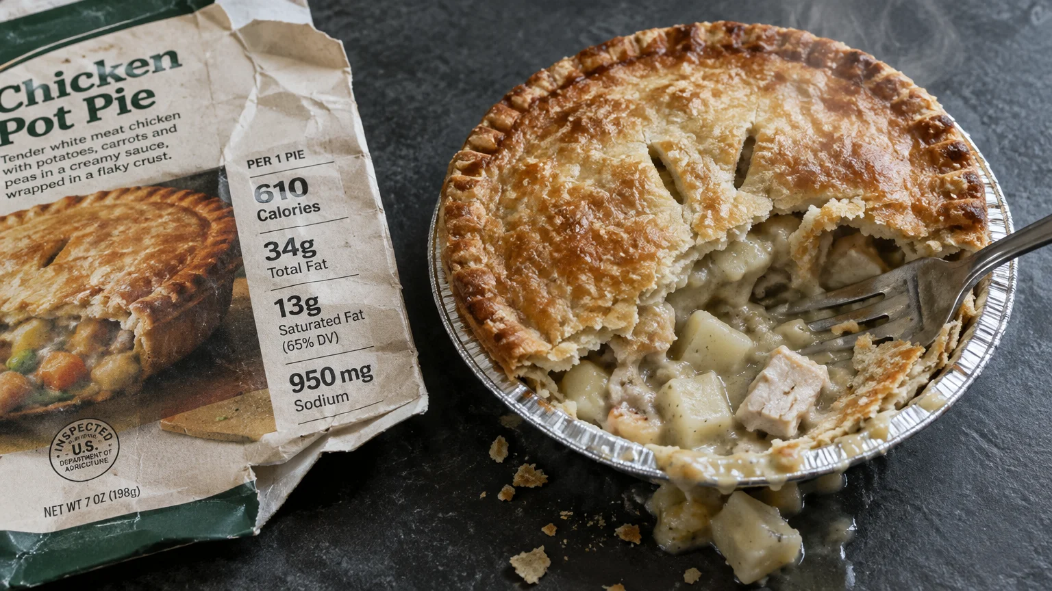 Baked chicken pot pie in an aluminum tin next to its packaging showing nutrition facts.
