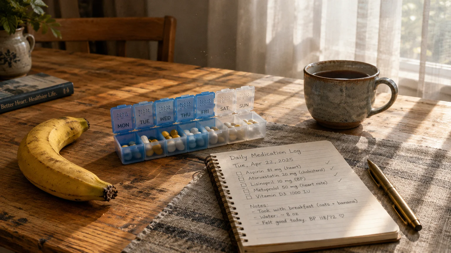 A weekly pill organizer, handwritten medication log, pen, banana, and coffee mug on a rustic wooden table.