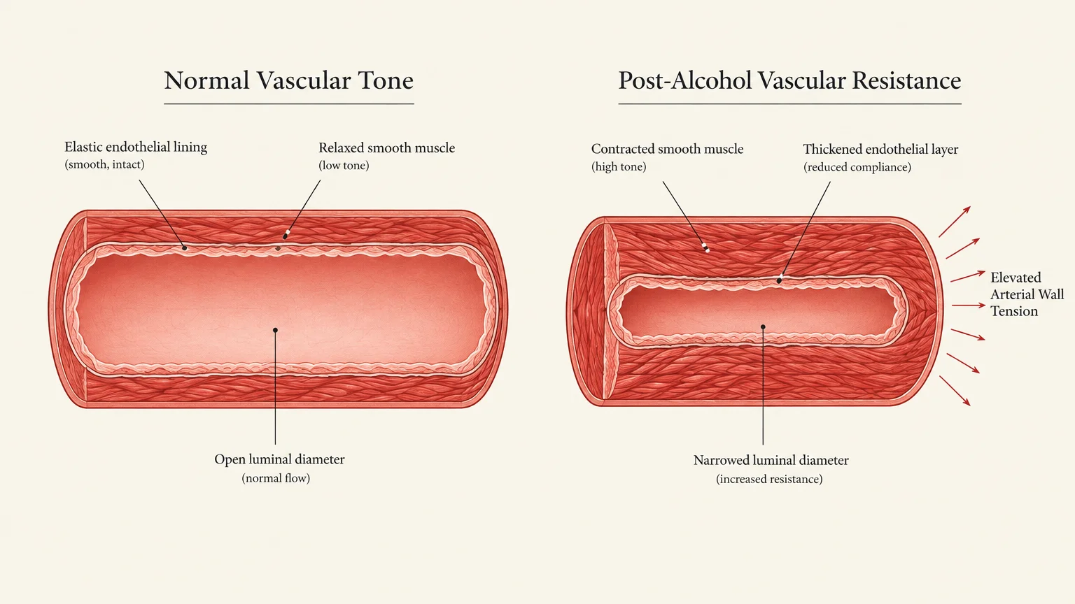 Diagram comparing a normal open blood vessel against a constricted vessel with post-alcohol vascular resistance and high tone.