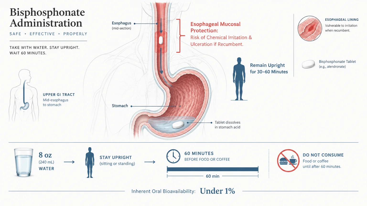 Diagram showing a bisphosphonate pill traveling down the esophagus into the stomach, with administration guidelines below.