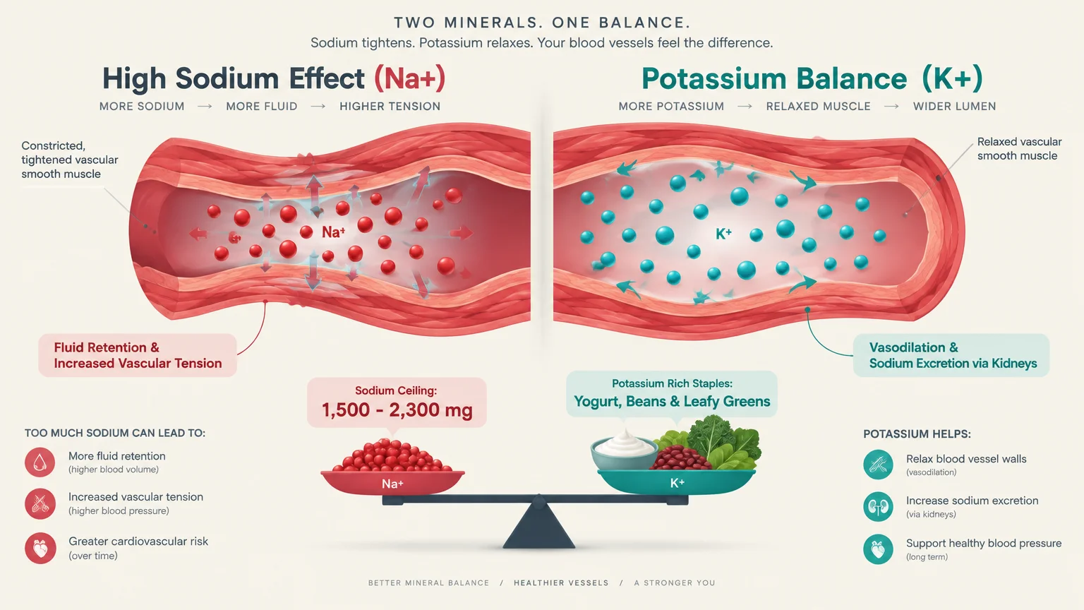 Diagram comparing a constricted blood vessel with sodium against a dilated vessel with potassium above a balance scale.