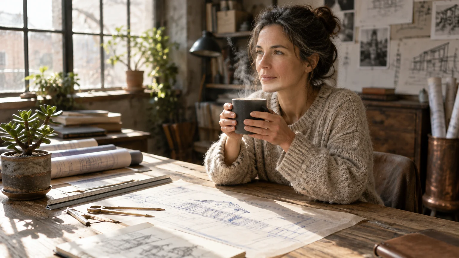 A woman sitting at a sunlit wooden desk holding a steaming mug above architectural blueprints.