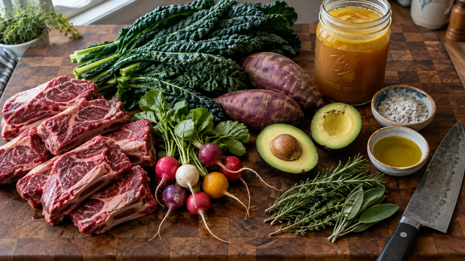 Raw beef ribs, kale, radishes, sweet potatoes, avocado halves, bone broth, fresh herbs, salt, and olive oil on a board.