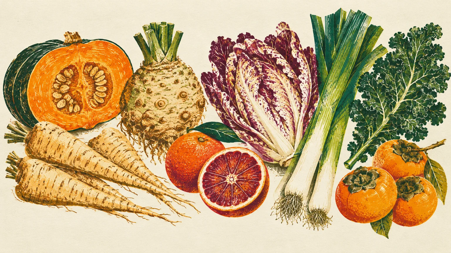Botanical illustration of winter produce including squash, parsnips, celeriac, blood orange, radicchio, leeks, persimmons, and kale.