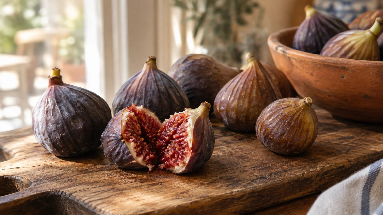 Fresh purple figs on a rustic wooden board, with one fig split open to show its red seeded interior.