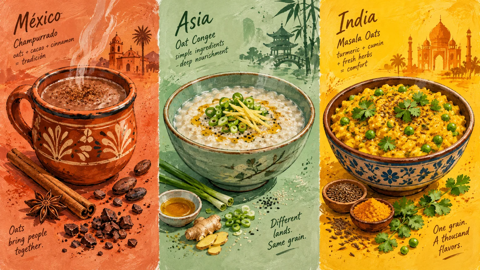 Three panels show bowls of Mexican champurrado, Asian oat congee, and Indian masala oats surrounded by ingredients.