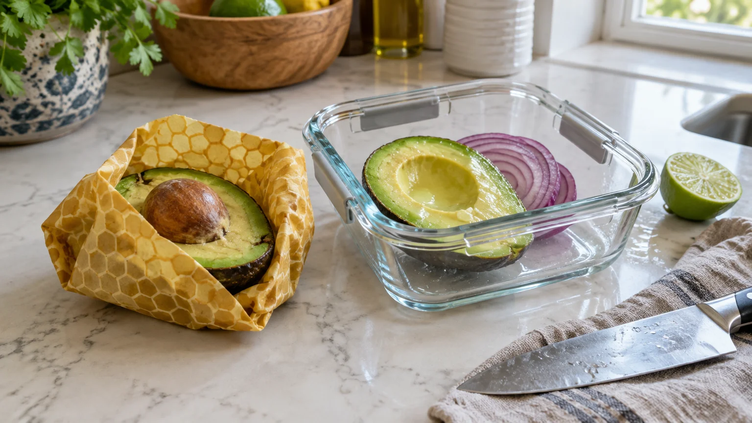 Avocado half in beeswax wrap next to another half with red onion slices inside a glass container on a marble counter.