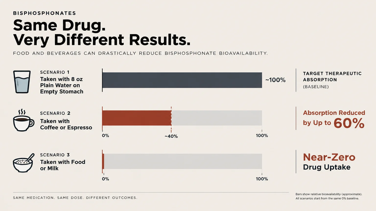 Bar chart comparing bisphosphonate absorption taken with plain water, coffee, and food or milk.