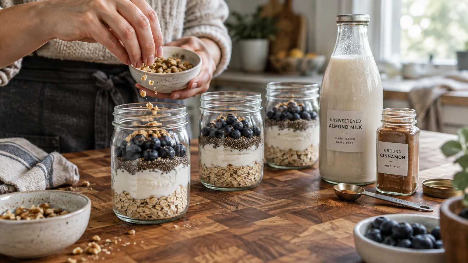 A person sprinkling walnuts into mason jars layered with oats, yogurt, chia seeds, and blueberries on a wooden counter.