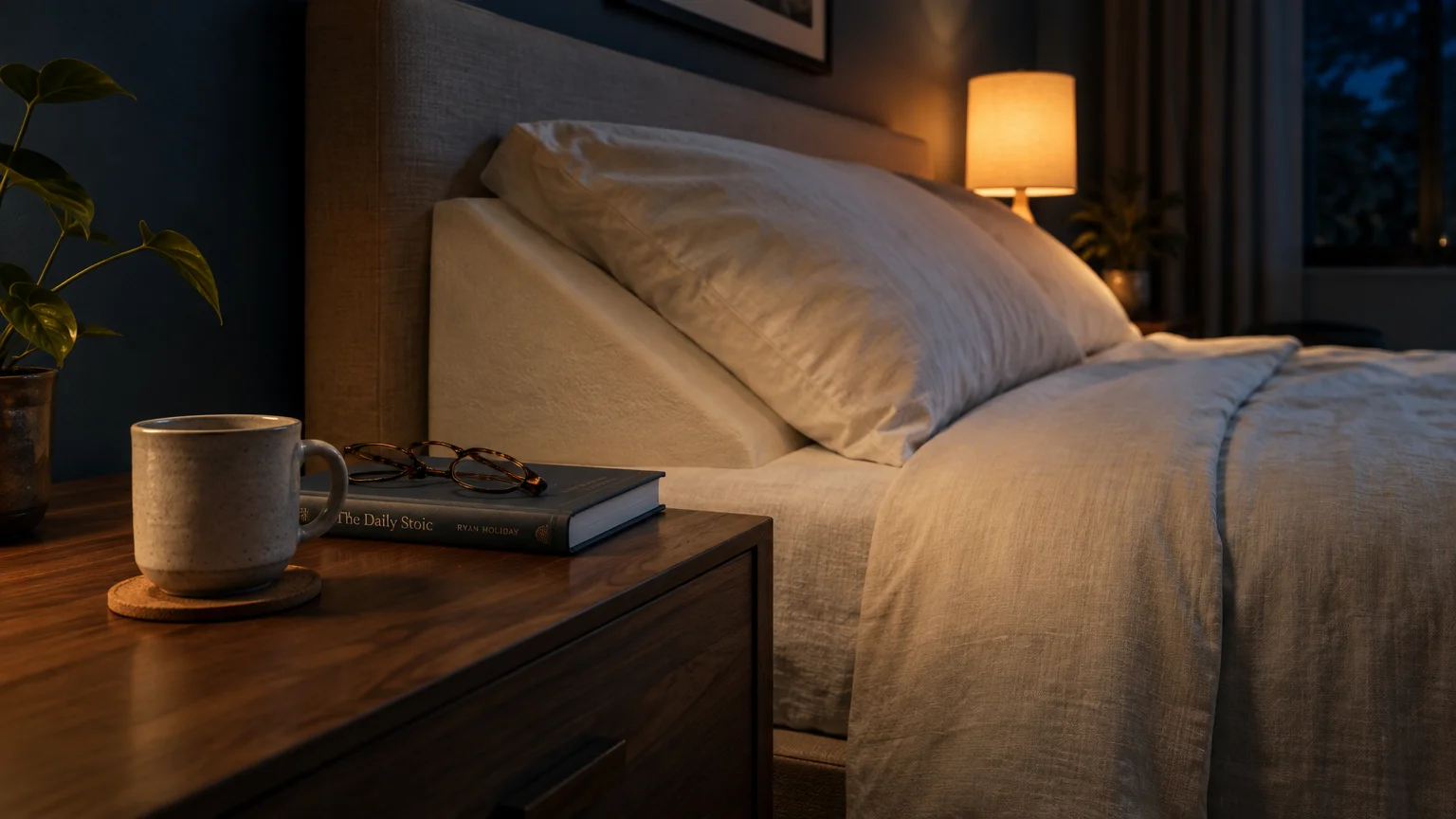 Ceramic mug, book, and eyeglasses on a nightstand beside a bed elevated with a triangular wedge pillow and warm lamp light.