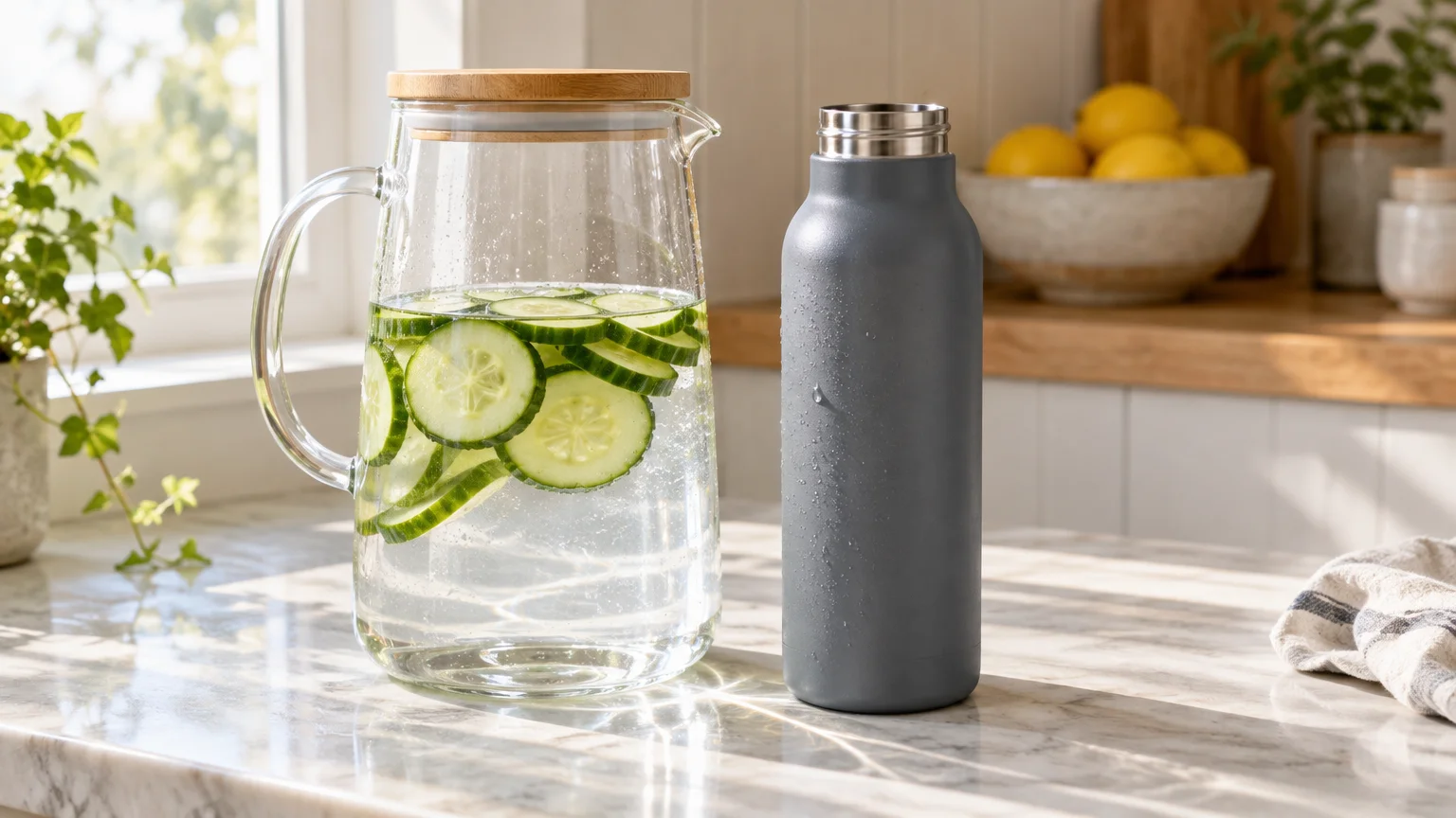 Glass pitcher of cucumber water beside a grey stainless steel bottle on a sunlit marble kitchen counter.