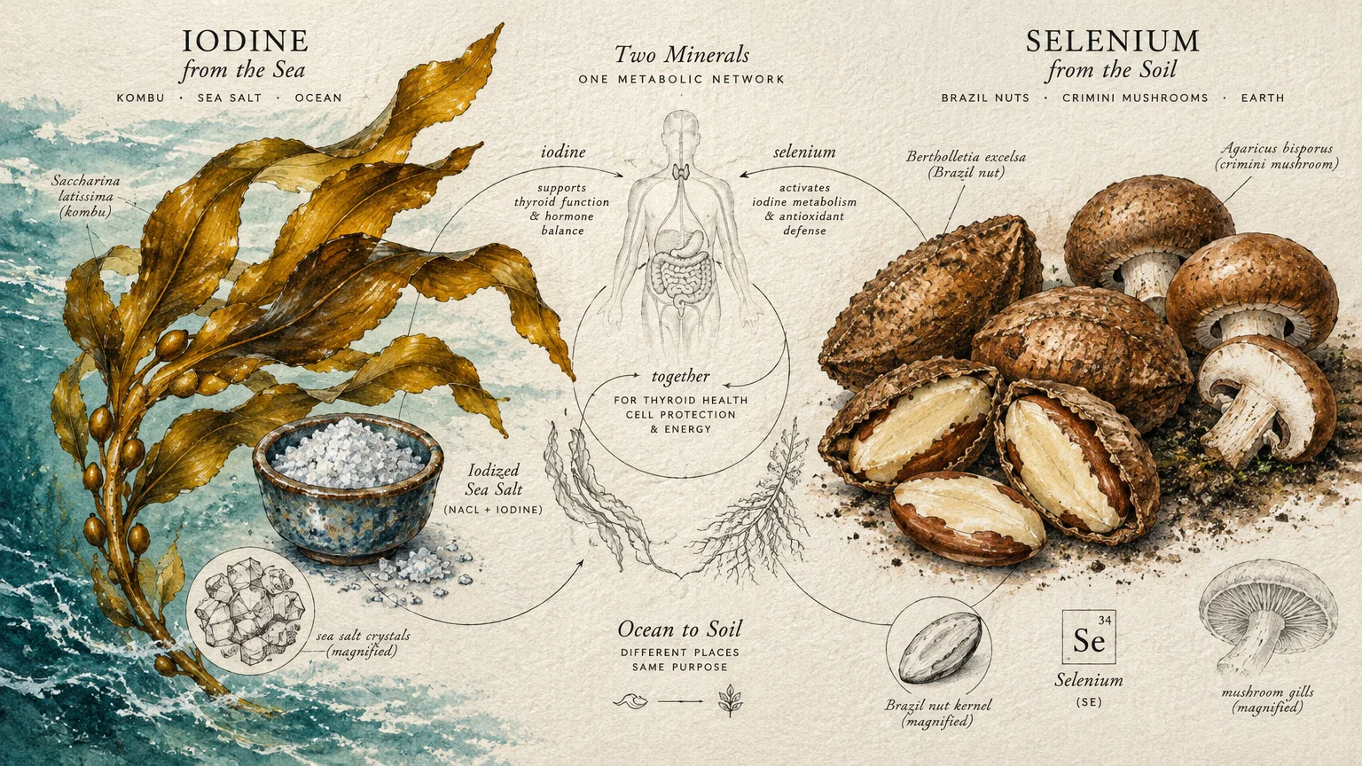 Botanical chart of iodine from kombu seaweed and sea salt, and selenium from Brazil nuts and crimini mushrooms.