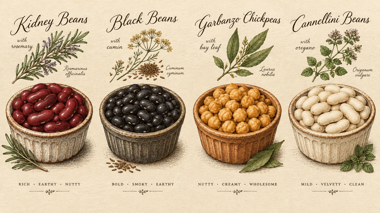 Illustrated bowls of kidney beans, black beans, chickpeas, and cannellini beans paired with botanical herbs and flavor notes.