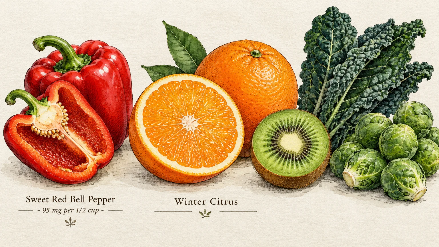 Watercolor illustration of red bell peppers, sliced orange, kiwi, kale leaves, and Brussels sprouts with botanical labels.