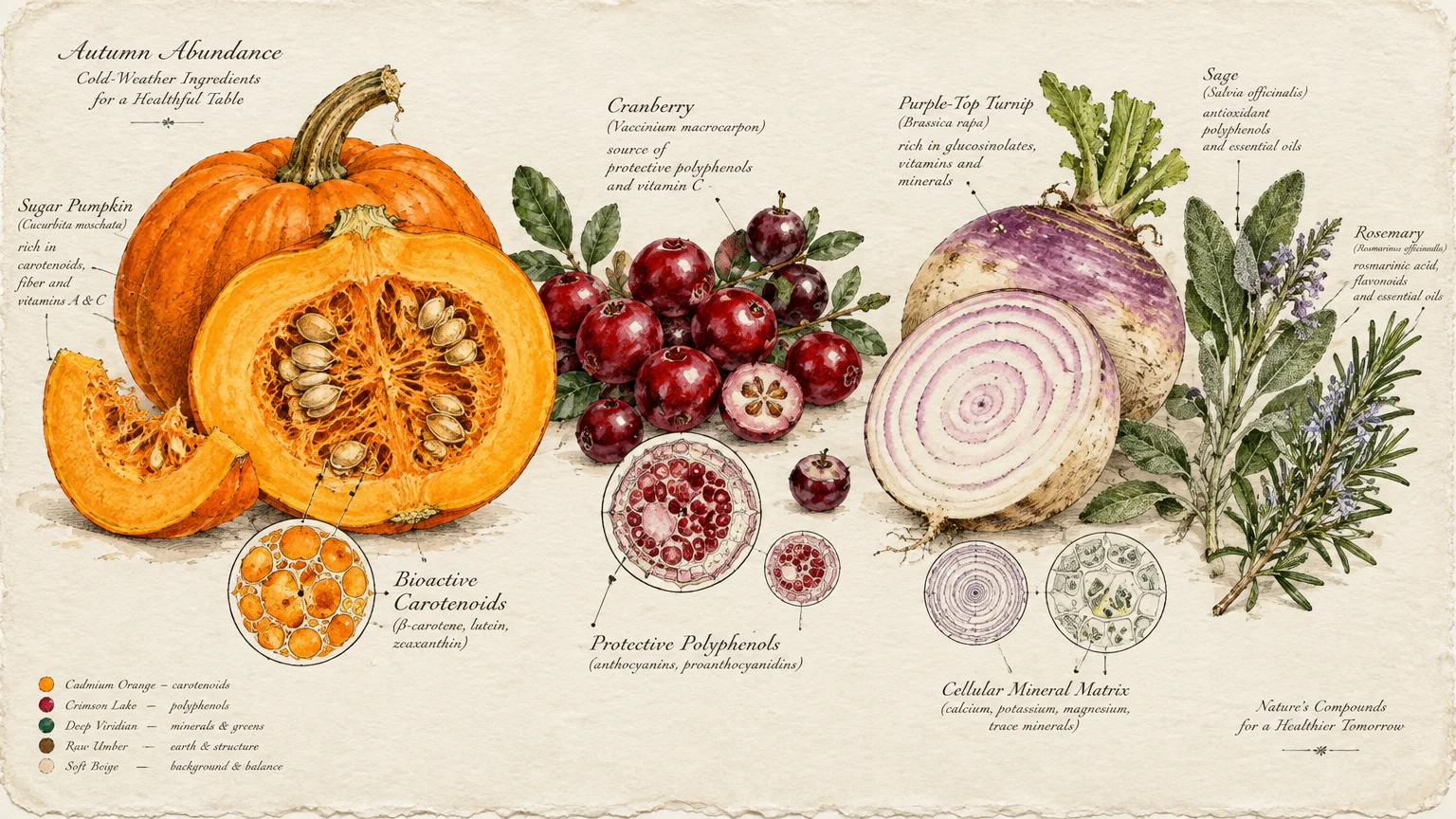 Botanical illustrations of pumpkin, cranberries, turnip, sage, and rosemary alongside microscopic cellular diagrams.