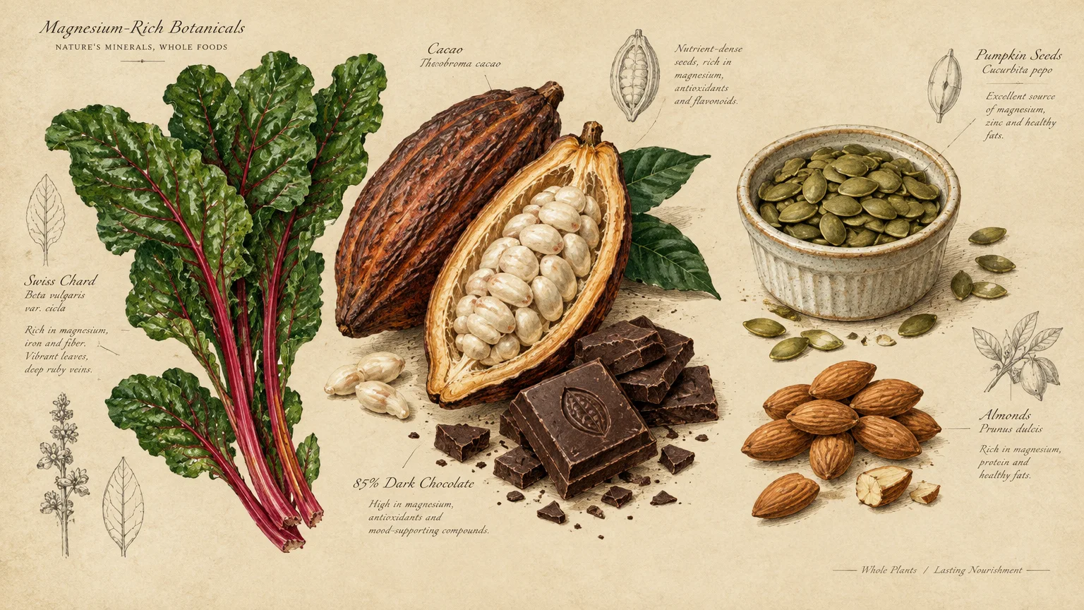 Botanical illustrations of Swiss chard, a cacao pod, dark chocolate pieces, pumpkin seeds in a bowl, and almonds.
