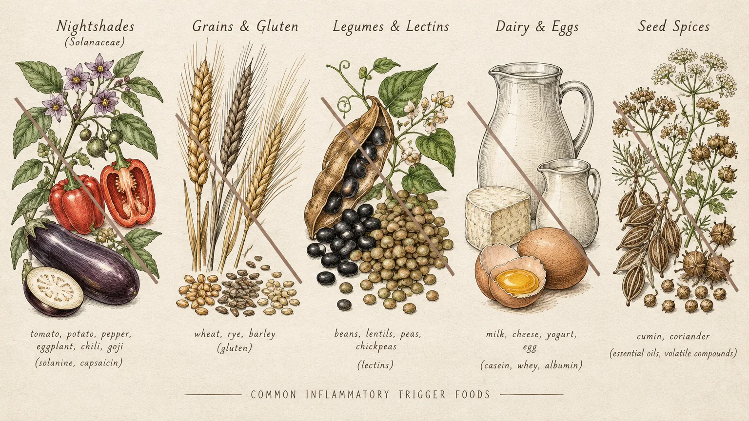 Botanical chart of avoided foods like nightshades, grains, legumes, dairy, and seed spices, marked with diagonal slash lines.