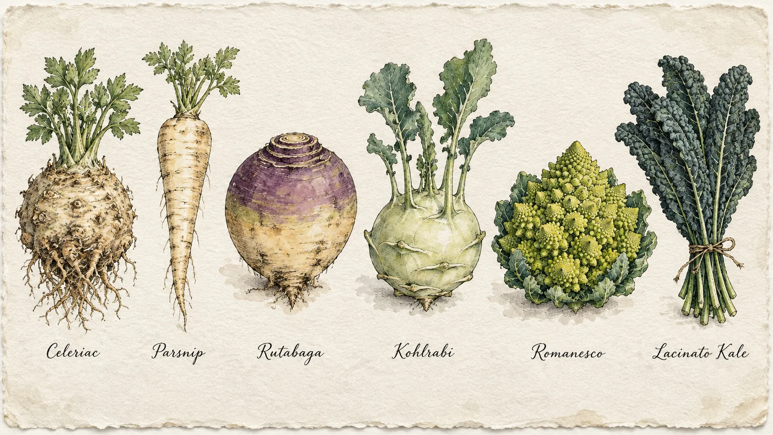 Watercolor botanical illustration of celeriac, parsnip, rutabaga, kohlrabi, romanesco, and lacinato kale in a row.