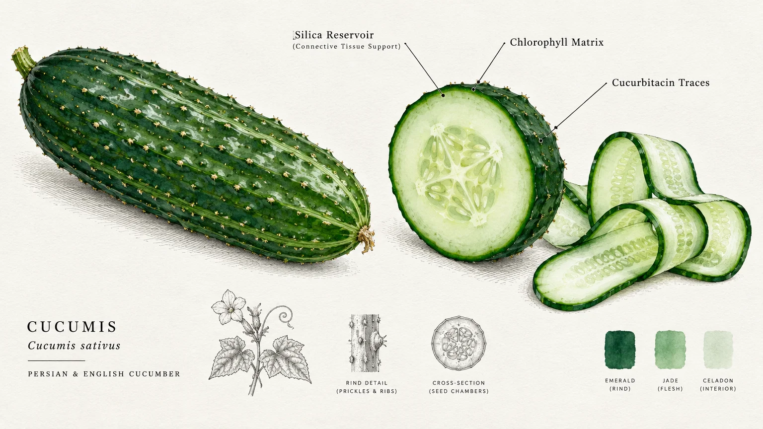 Botanical illustration of a whole prickly cucumber, a cross-section slice, curled ribbons, and anatomical sketches.