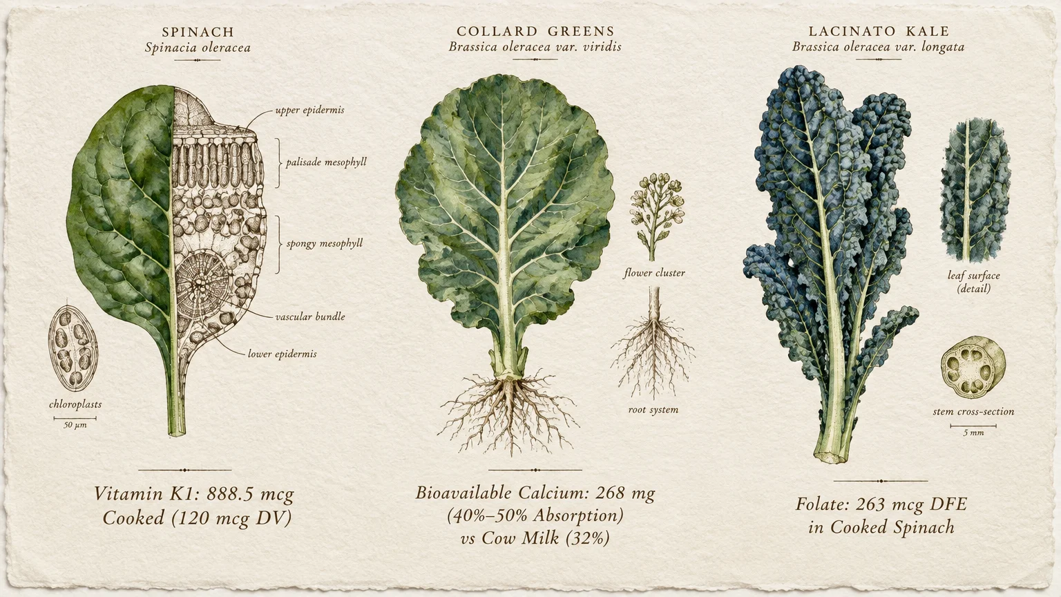Botanical illustrations of spinach, collard greens, and kale displaying cellular anatomy, root systems, and nutrient data.