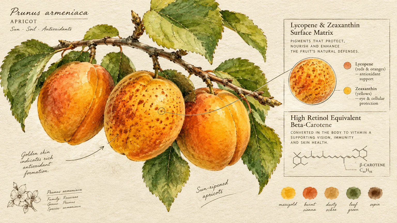 Botanical watercolor illustration of three ripe apricots on a leafy branch with scientific annotations and diagrams.