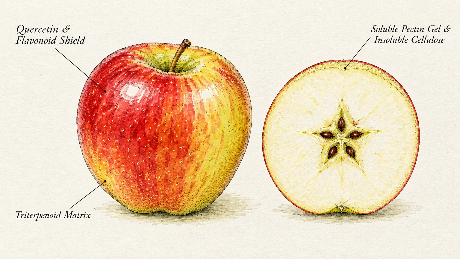 Botanical illustration of a whole red and yellow apple next to a cross-section showing seeds, with nutrient diagram labels.