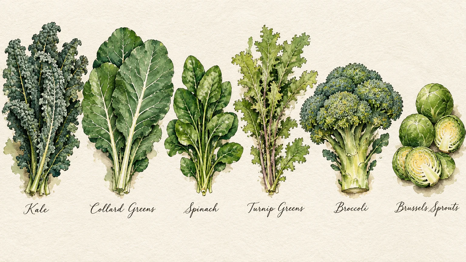 Watercolor botanical illustration of kale, collard greens, spinach, turnip greens, broccoli, and Brussels sprouts with labels.