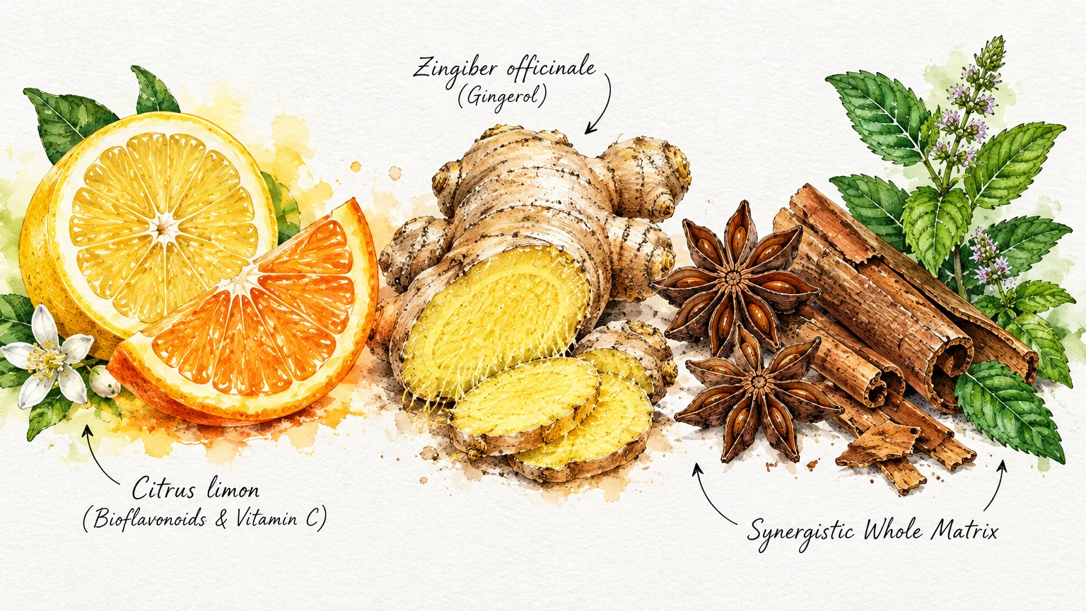 Watercolor illustration of sliced lemon, orange, ginger root, star anise, cinnamon sticks, and mint with botanical labels.