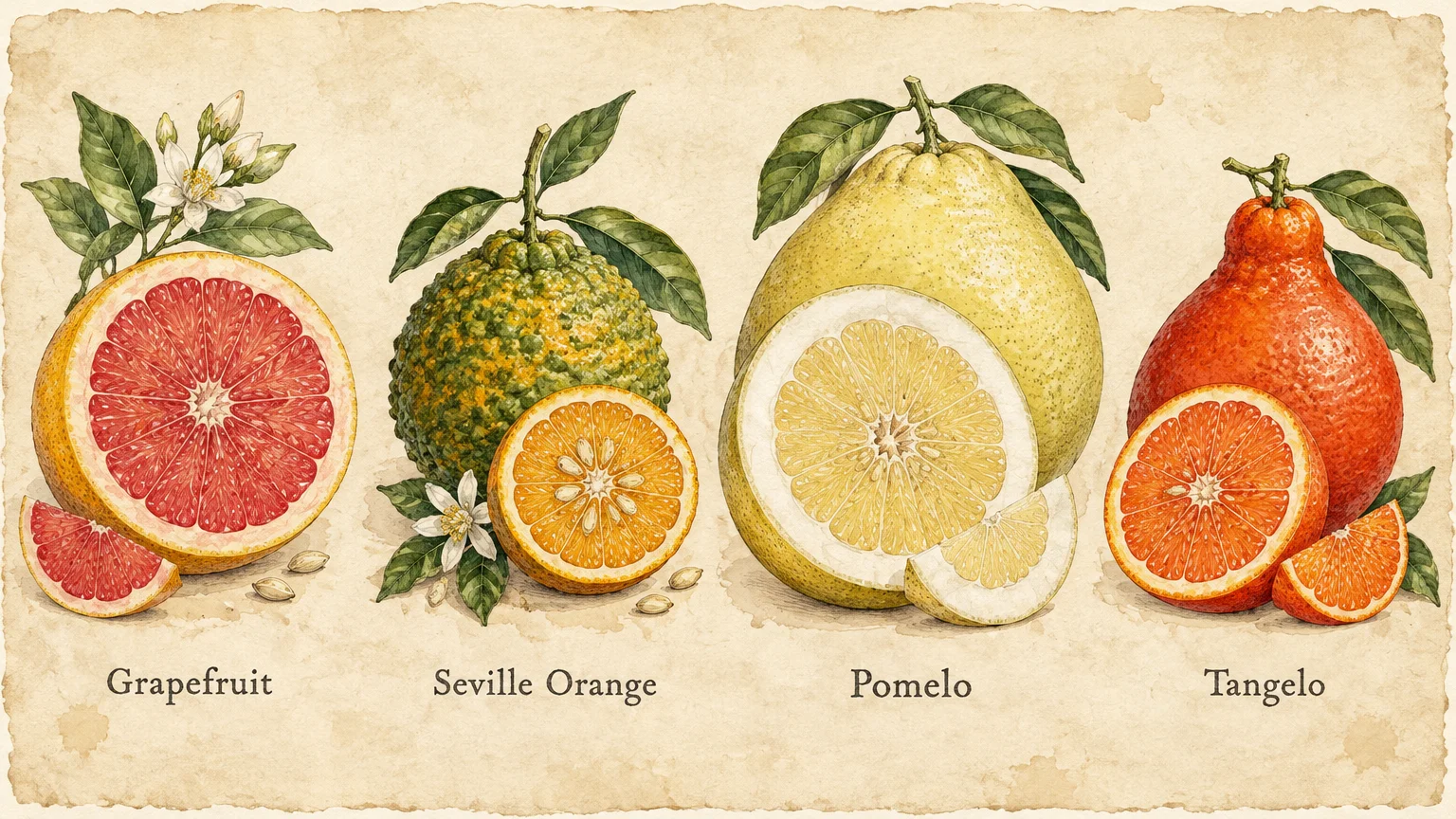 Botanical watercolor illustration of whole and sliced grapefruit, Seville orange, pomelo, and tangelo with labels.