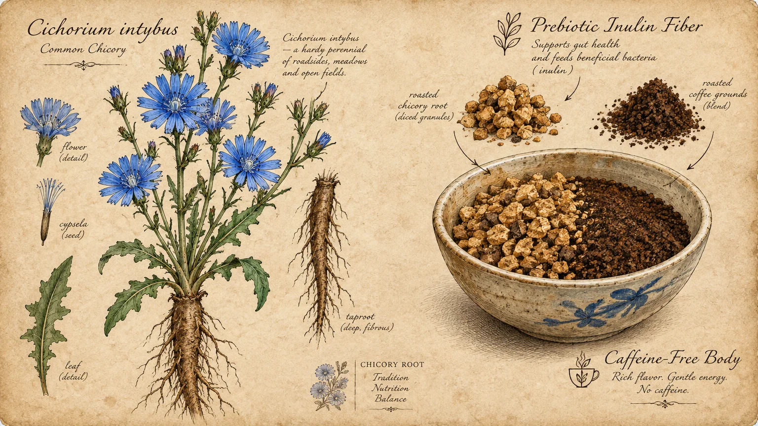Botanical diagram of a chicory plant beside a bowl containing roasted chicory granules and dark ground coffee.