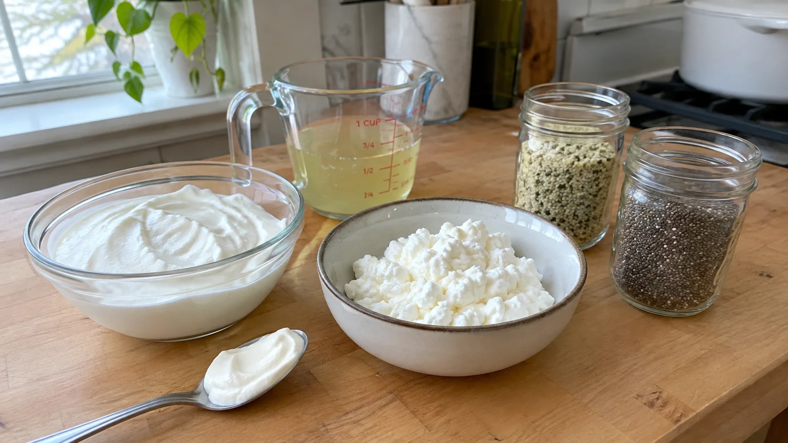 Bowls of yogurt and cottage cheese beside a measuring cup of liquid and jars of hemp and chia seeds on a counter.
