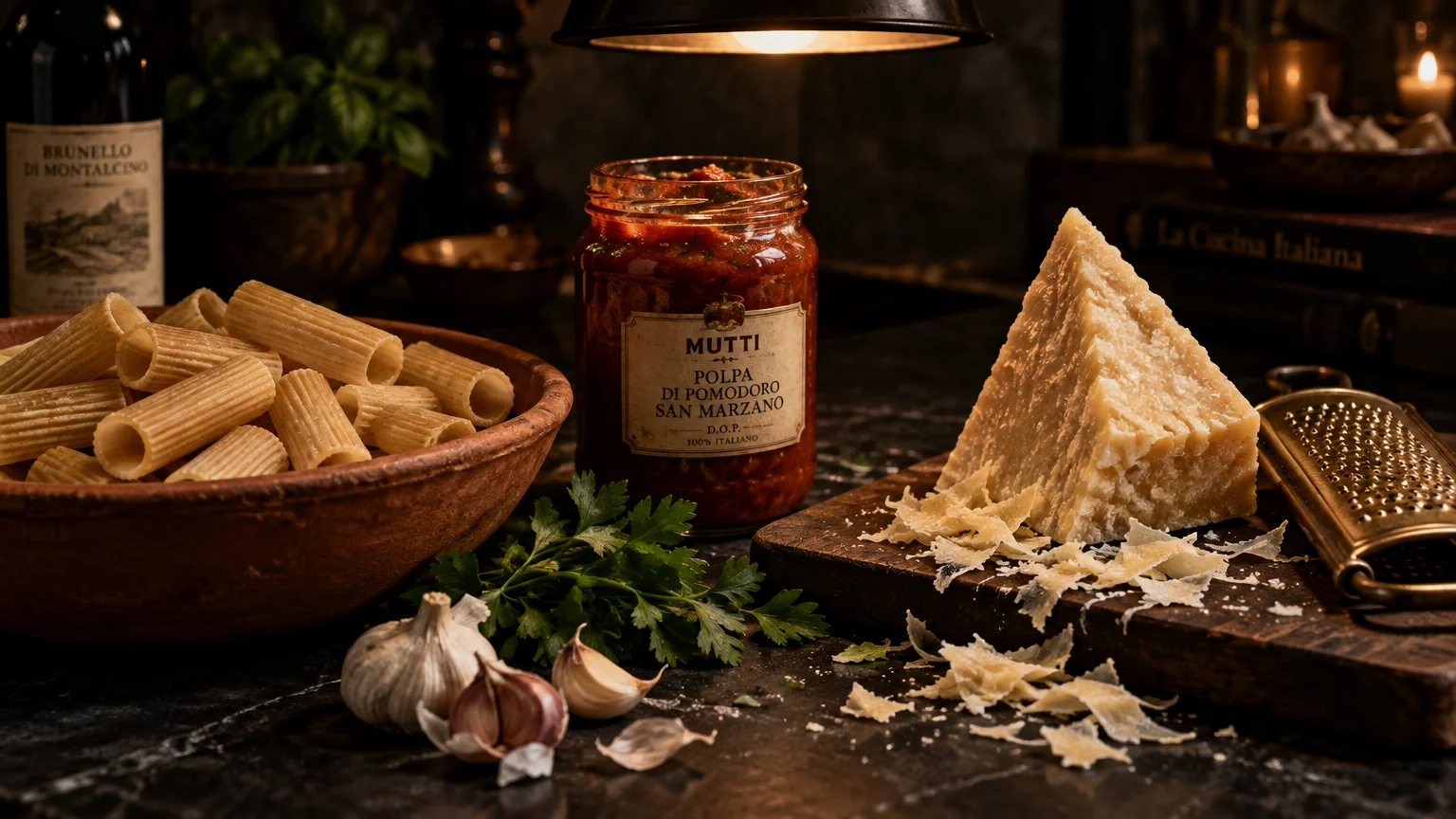 Jar of Mutti tomato sauce beside rigatoni pasta in a bowl, parmesan wedge with shavings, and garlic on a dark counter.