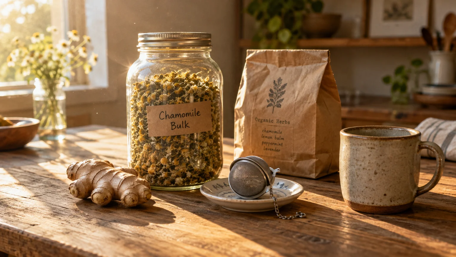 Glass jar of chamomile, paper bag of organic herbs, fresh ginger root, tea infuser, and ceramic mug on a wooden table.